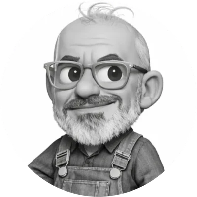 Portrait dessiné d'Alain : lunettes, barbe grise, salopette